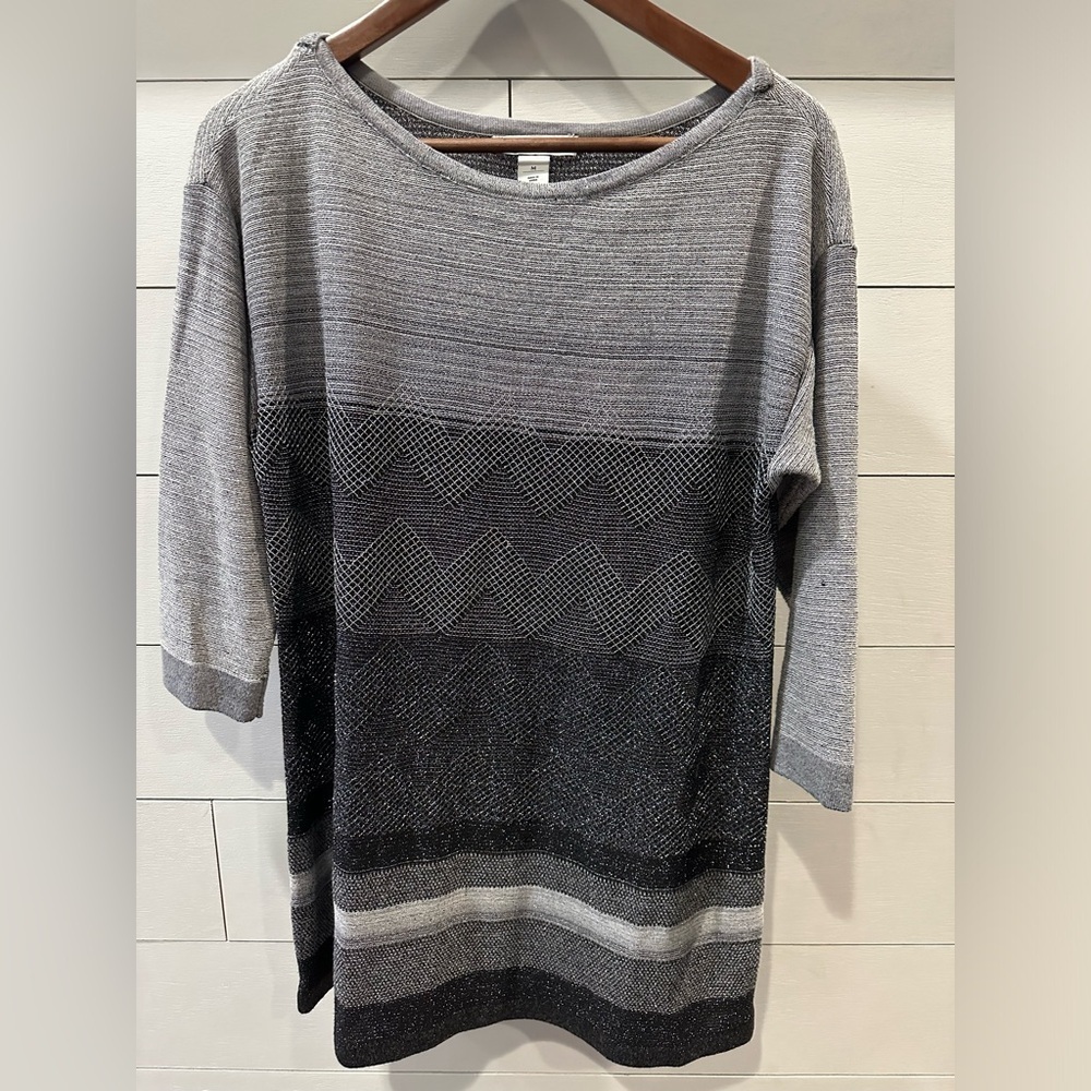 White House Black Market Gray and Black Striped 3/4 Sleeve Sweater- size Medium